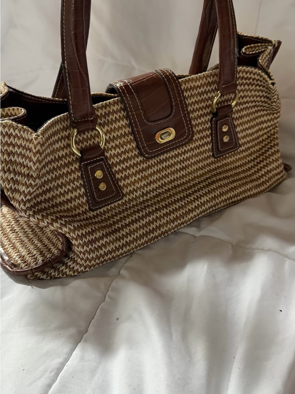 Woven Straw Tote with Brown Leather Trim - Picture 1 of 3